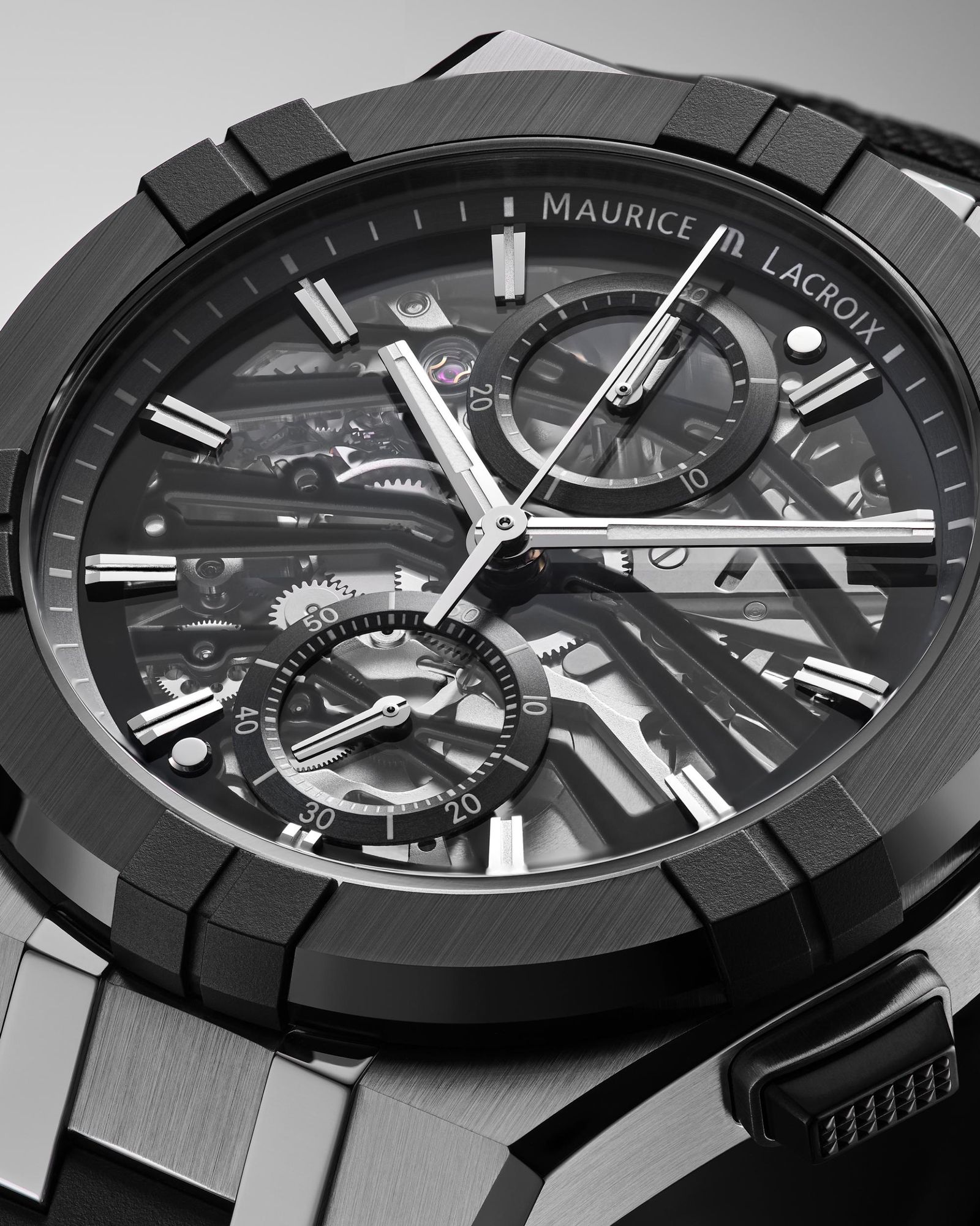 Maurice Lacroix AIKONIC CHRONO SKELETON AC8018-SSL20-030-2 Automatische herenchronograaf Geskelleteerde wijzerplaat Maurice Lacroix AIKONIC CHRONO SKELETON AC8018-SSL20-030-2 Automatische herenchronograaf Geskelleteerde wijzerplaat