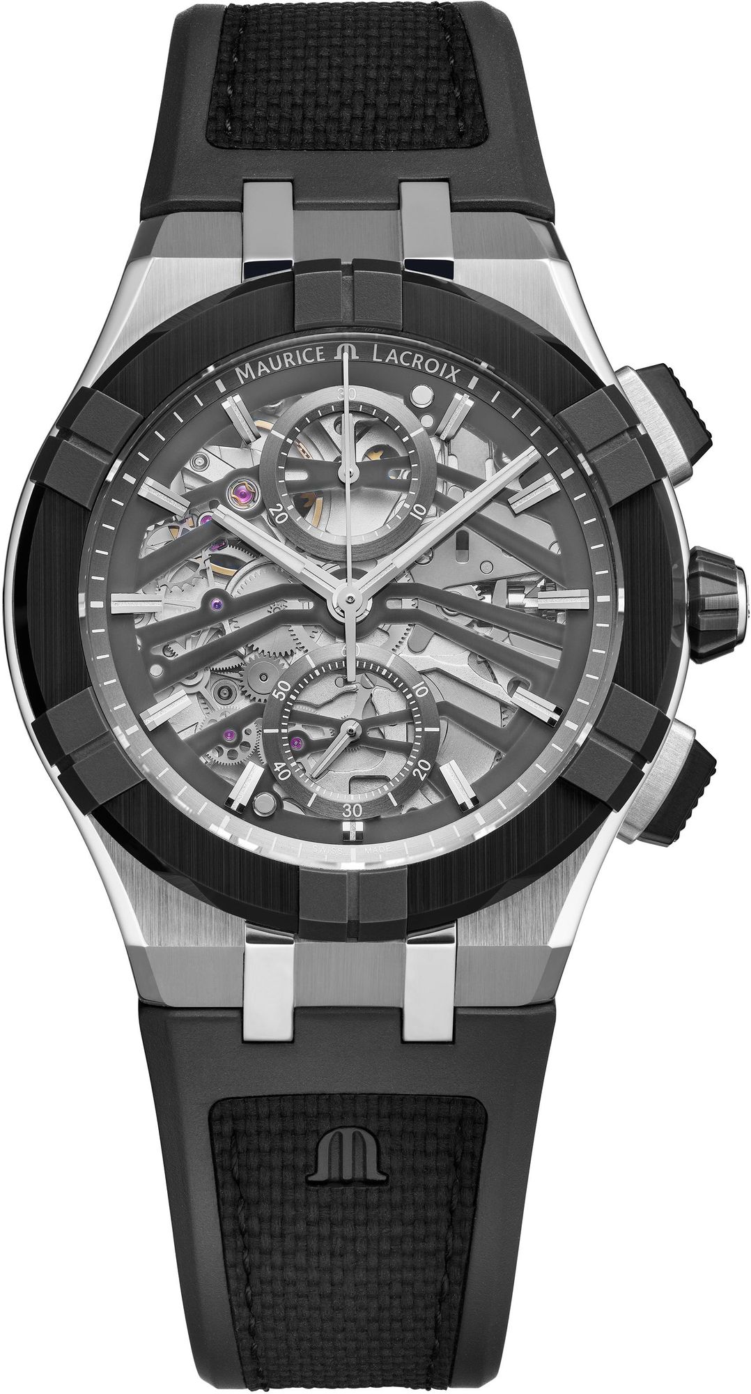 Maurice Lacroix AIKONIC CHRONO SKELETON AC8018-SSL20-030-2 Automatische herenchronograaf Geskelleteerde wijzerplaat Maurice Lacroix AIKONIC CHRONO SKELETON AC8018-SSL20-030-2 Automatische herenchronograaf Geskelleteerde wijzerplaat