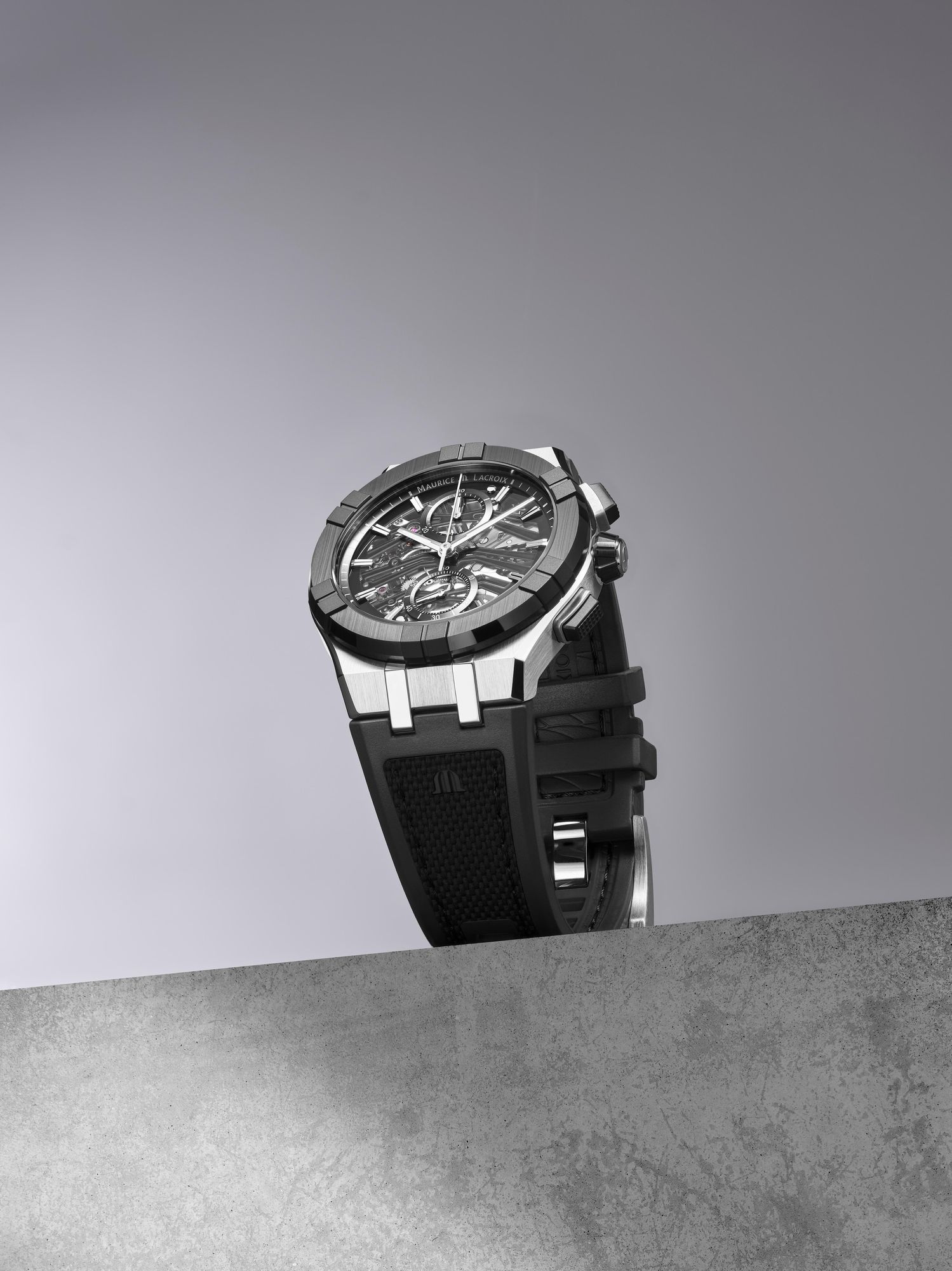 Maurice Lacroix AIKONIC CHRONO SKELETON AC8018-SSL20-030-2 Automatische herenchronograaf Geskelleteerde wijzerplaat Maurice Lacroix AIKONIC CHRONO SKELETON AC8018-SSL20-030-2 Automatische herenchronograaf Geskelleteerde wijzerplaat