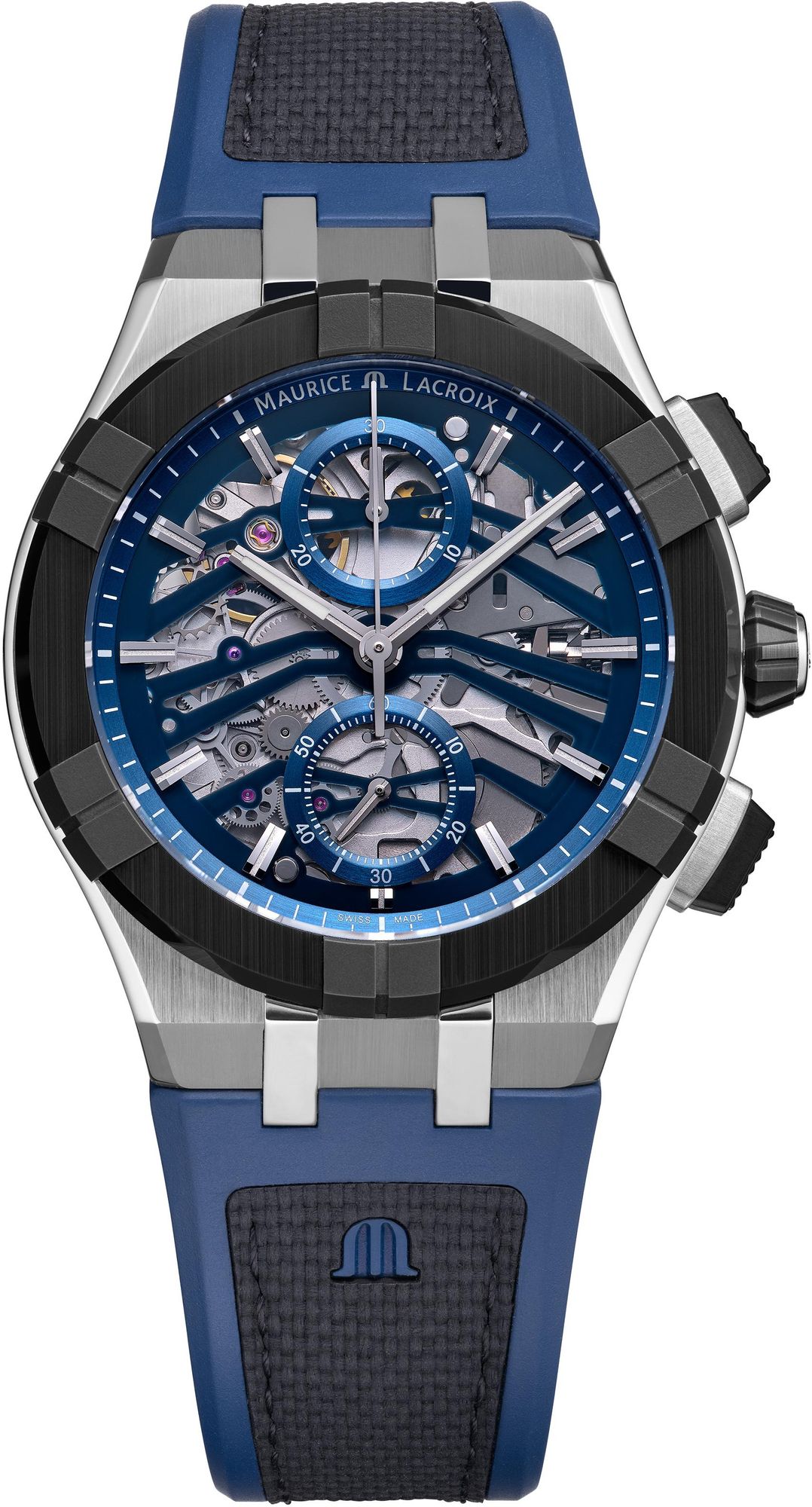 Maurice Lacroix AIKONIC CHRONO SKELETON AC8018-SSL20-030-4 Automatische herenchronograaf Geskelleteerde wijzerplaat Maurice Lacroix AIKONIC CHRONO SKELETON AC8018-SSL20-030-4 Automatische herenchronograaf Geskelleteerde wijzerplaat