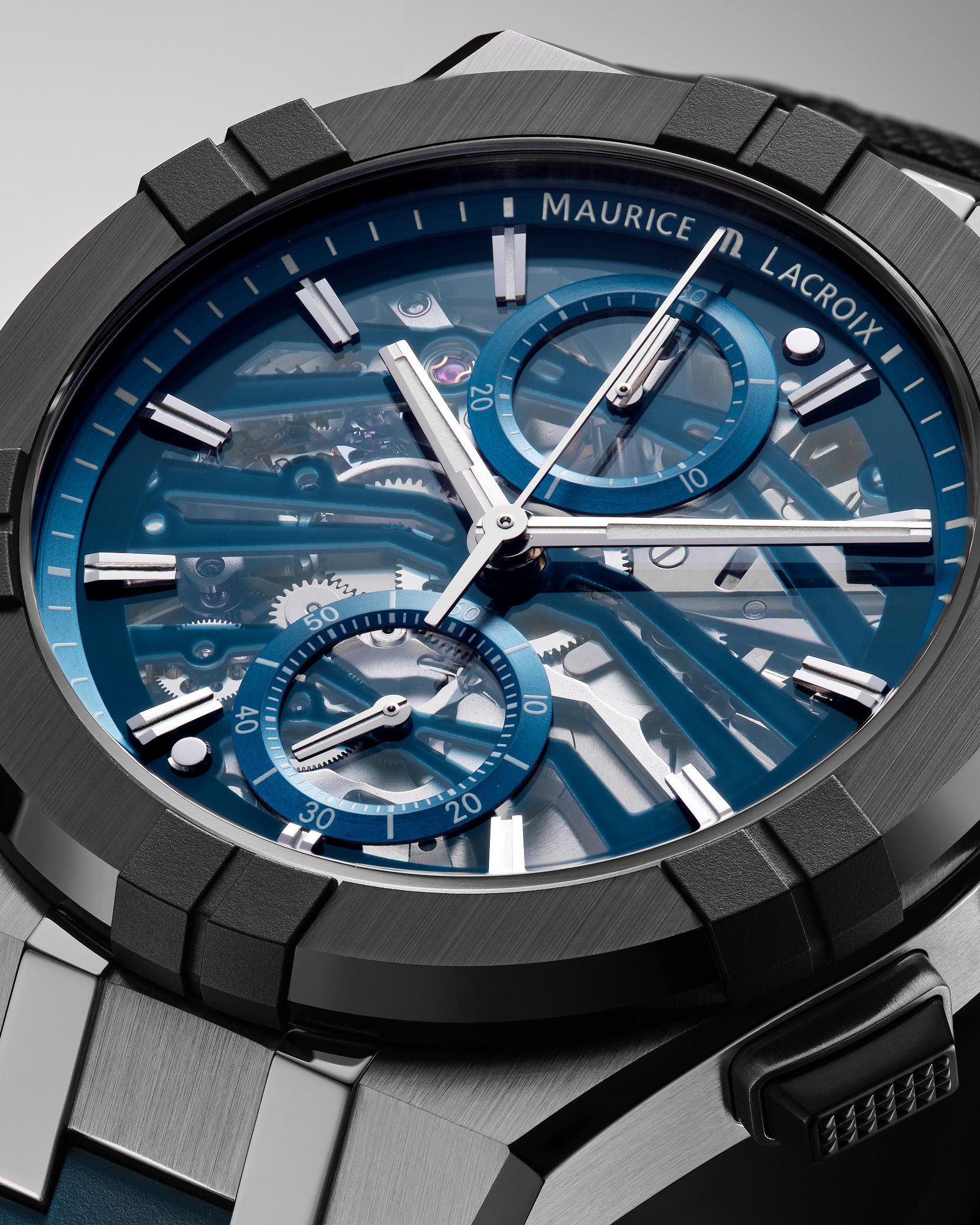 Maurice Lacroix AIKONIC CHRONO SKELETON AC8018-SSL20-030-4 Automatische herenchronograaf Geskelleteerde wijzerplaat Maurice Lacroix AIKONIC CHRONO SKELETON AC8018-SSL20-030-4 Automatische herenchronograaf Geskelleteerde wijzerplaat